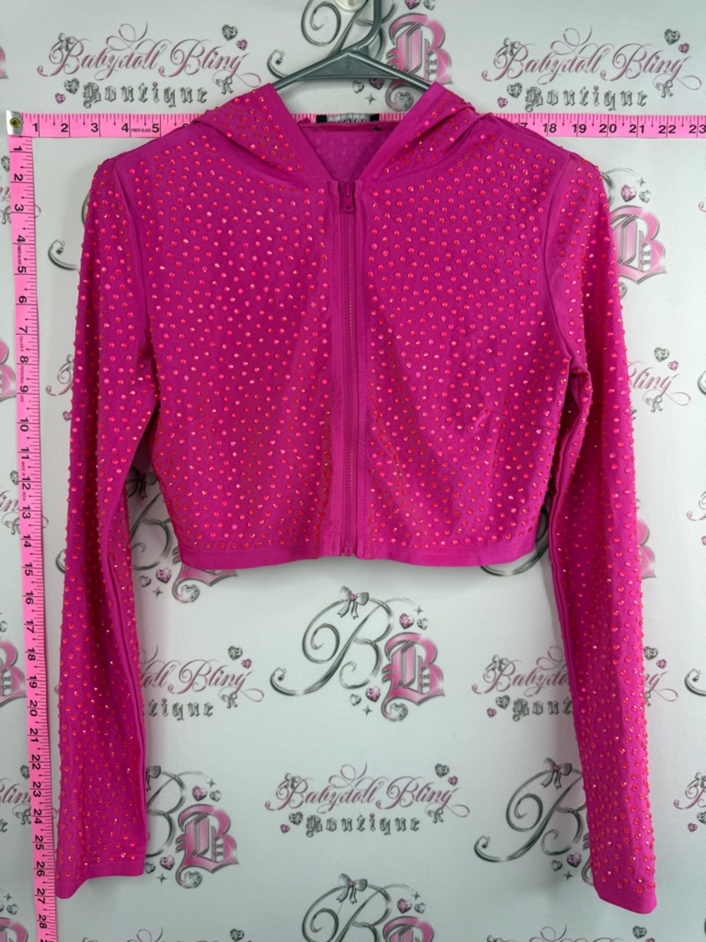 Banjul sweater rhinestone neon stretchy Hot Pink Cropped Zip Hoodie with Studs